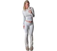 Set lounge da donna in cotone, vestibilità aderente, pantaloni lunghi, jogging, due pezzi, tuta da yoga, Grey Long Sleeve Set, XS
