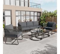 Set lounge da giardino con telaio in ferro zincato, set di mobili da giardino in corda, piedini regolabili, piano in vetro liscio, con tutti i sedili e cuscini per lo schienale (1 divano a 3 posti+2