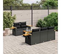Set lounge da giardino in polyrattan nero, set di mobili modulari con cuscini e piano in legno di acacia, tavolino pieghevole con alzata a gas, rimovibile