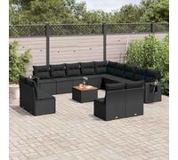 Set lounge da giardino in rattan nero PE da 14 pezzi, mobili modulari con cuscini, contenitore impermeabile e piano in legno di acacia, tavolino pieghevole con alzata a gas