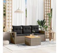 Set lounge da giardino modulare in rattan PE da 4 pezzi, cuscini grigi, contenitore con borsa impermeabile, piano in legno di acacia, tavolino pieghevole con alzata a gas