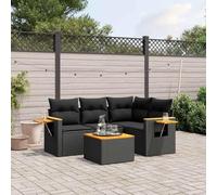 Set lounge da giardino modulare in rattan PE da 5 pezzi, nero, con cuscini e piano in legno di acacia, tavolino pieghevole con alzata a gas, federe rimovibili e lavabili