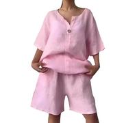 Set lounge in due pezzi, per donna streetwear loungewear outfit, tinta unita, per il tempo libero, con scollo a V, a maniche corte, con bottoni, due pezzi, tuta da casa e vita elasticizzata, Colore