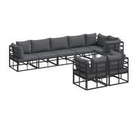 Set lounge modulare da esterno senza tavolo, in alluminio nero, con cuscini in poliestere antracite. È resistente alle intemperie e ha un telaio verniciato a polvere. È facile da montare ed è compost