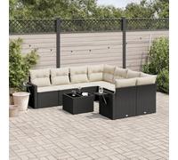 Set lounge modulare da giardino 9 pezzi con cuscini, rattan nero PE, tavolo da giardino in vetro temperato, tavolino pieghevole con alzata a gas, comodo