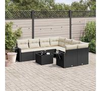 Set lounge modulare da giardino 9 pezzi nero con cuscini, tavolo pieghevole in rattan PE con alzata a gas, contenitore con borsa impermeabile, federe lavabili rimovibili