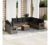 Set lounge modulare da giardino grigio da 10 pezzi con cuscini, rattan PE, contenitore con borsa impermeabile, piano in legno di acacia, tavolino pieghevole con alzata a gas