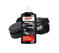 Set lucidante per auto, Sonax Polish & Wax Color nero, 500 ml, spugna per lucidatura + panno per lucidatura, pasta lucidante per vernici colorate e metalliche per la rimozione di piccoli graffi, set