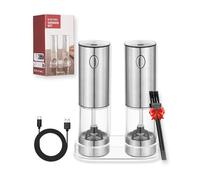 Set macina pepe e sale elettrico, 95ml macina sale pepe USB ricaricabile, macina spezie con macinino in ceramica regolabile, Acciaio inox, base e spazzola di stoccaggio e finestra di visualizzazione