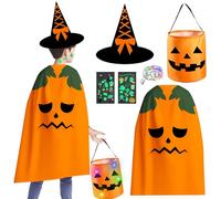 Set mantello e mantello per Halloween, 5 pezzi mantello da zucca per bambini, costume da zucca con borsa da zucca a LED, cappello da strega e tatuaggi, perfetto per feste e dolcetto o scherzetto