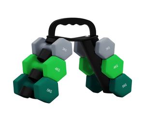 Set Manubri Con Supporto, 3 Coppie Di Pesi Da 2 X 3 Kg, 2 X 4 Kg, 2 X 5 Kg, Multicolore