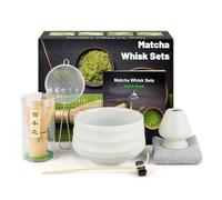 Set matcha, set da tè giapponese con scopa matcha, ciotola matcha e porta scopa in ceramica, cucchiaio matcha, setaccio, asciugamano da tè, accessori matcha (7 pezzi), grigio e bianco