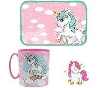 Set Merenda Colazione 2 Pezzi con Tovaglietta Ripiegabile Morbida Sottopiatto Pieghevole e Tazza Bicchiere 350ml per Microonde Unicorno