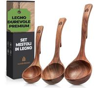 Set Mestoli Cucina Legno, Mestolo Zuppa, Antigraffio, Fatti a Mano con Ganci, Mescolare e Servire Alimenti, Minestre e Zuppe, 3 pezzi