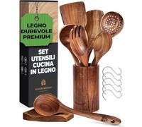 Set Mestoli in Legno, Cucchiaio Legno e ganci in acciaio inossidabile - Utensili Cucina in Legno per Cucina con Porta e Poggiamestolo - Pentole Naturali Antiaderenti - Set durevole di 14 pezzi totali