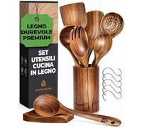 Set Mestoli in Legno, Cucchiaio Legno - Utensili Cucina in Legno per Cucina con Porta e Poggiamestolo - Pentole Naturali Antiaderenti - Set durevole di 13 pezzi