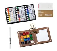 Set Mini Acquerello Portatile, Tavolozza con 15 Griglie - Scatola dei Colori in Legno per Viaggio, Kit da Viaggio per Artisti con Carta Acquerello, Pennelli, Clip & Taccuino (24 Tonalità Incluse)