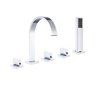 Set Miscelatore Moderno per Vasca da Bagno con Cascata E Doccetta in Ottone per Montaggio su Piano con 3 Maniglie E 5 Fori Finitura Cromata