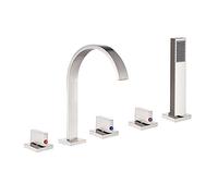 Set Miscelatore Moderno per Vasca da Bagno con Cascata E Doccetta in Ottone per Montaggio su Piano con 3 Maniglie E 5 Fori Finitura Nichel Spazzolato