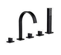 Set Miscelatore Moderno per Vasca da Bagno con Cascata E Doccetta in Ottone per Montaggio su Piano con 3 Maniglie E 5 Fori Colore Nero