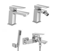 Inbagno Set rubinetti miscelatori lavabo Bidet e Vasca con Kit Doccia cromati, Scarico Incluso, Serie Kubo (Set Lavabo Bidet e Vasca)