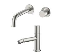 Set miscelatori lavabo a muro e bidet satinato in acciaio inox, manopola rotante e indicatori per l’acqua, GEMINI