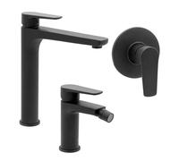 Set miscelatori lavabo alto bidet e doccia incasso nero opaco in ottone, piletta di scarico e corpo incasso inclusi, serie ERIKA