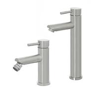 Inbagno Set miscelatori lavabo Alto e Bidet monocomando, in Acciaio Inox Spazzolato, con piletta Click clack Satinata, York