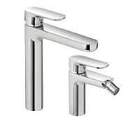 Set miscelatori lavabo alto e bidet in ottone cromato lucido con piletta click clack, linea KREO