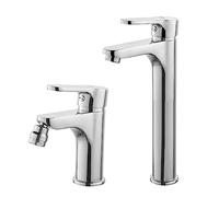 Set miscelatori lavabo Alto e Bidet monocomando, in Ottone Cromato, con piletta di Scarico Inclusa, Paco