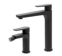Set miscelatori lavabo alto e bidet nero opaco in ottone, piletta di scarico per bidet e flessibili di collegamento inclusi, serie ERIKA