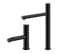 Set miscelatori lavabo alto e bidet nero opaco senza leva in acciaio inox, manopola rotante e indicatori per l’acqua, GEMINI