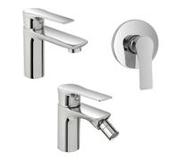 Set miscelatori lavabo bidet e doccia incasso in ottone cromato, piletta click-clack inclusa per lavabo e bidet serie FLAT