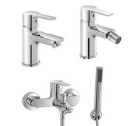 Set miscelatori lavabo bidet e vasca con kit doccia, in ottone cromato con piletta automatica per lavabo e bidet, serie PRIMA