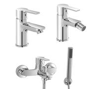 Set miscelatori lavabo bidet e vasca con kit doccia, in ottone cromato con piletta automatica per lavabo e bidet, serie PRIMA
