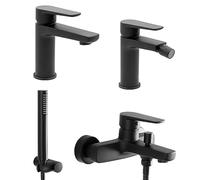 Set miscelatori lavabo bidet e vasca con kit doccia nero opaco in ottone, piletta di scarico e kit con laccio supporto e doccetta, serie ERIKA