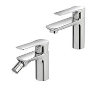 Set miscelatori lavabo e bidet con piletta click-clack, in ottone cromato lucido con scarico automatico incluso, serie FLAT