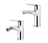 Set miscelatori lavabo e bidet cromato lucido in ottone, piletta di scarico e flessibili di collegamento inclusi
