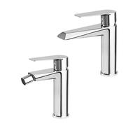 Inbagno Set Miscelatore lavabo e Bidet monocomando, Finitura Cromo Lucido in Ottone, con Sottile Leva di Comando, Serie Cristallo