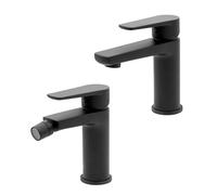 Set miscelatori lavabo e bidet nero opaco in ottone, piletta di scarico e flessibili di collegamento inclusi, serie ERIKA
