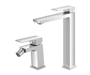 Set Miscelatori Per Lavabo Alto E Bidet In Ottone Cromato Della Linea Kubo, Completo Di Pilette Click Clack E Kit Di Montaggio