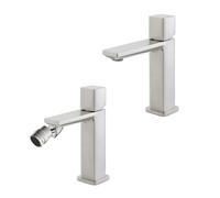 Set Miscelatori Per Lavabo E Bidet Con Manopola Senza Leva In Ottone Nichel Spazzolato Della Linea Lotus, Completo Di Pilette Click Clack E Kit Di Montaggio