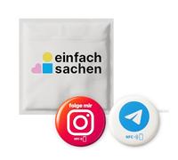 Set misto: 1 x Instagram Episodio Mir + 1 x Telegram NFC Sticker - Collegamento e collegamento senza contatto - Programmabile autonomamente, riutilizzabile, Ø 3 cm - per social media e chat - Nessun