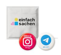 Set misto: 1 x Instagram "Follow US" + 1 x adesivo Telegram NFC - 3 cm Ø - auto-programmabile e senza contatto - per social media e link di gruppo - riscrivibile con resina epossidica e adesione 3M
