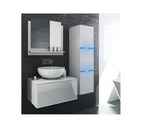 Set mobili da Bagno Bianchi Collezione Owl. Colonna, Mobile sotto lavabo, Specchio, sifone e LED.