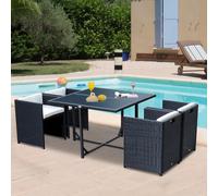 Set Mobili da Giardino 5pz Set Tavolo da Pranzo con 4 Sedie con Cuscini Combinabili a Rettangolo, Nero, 109x109x72 cm Description:Questo set di mobili composto da 5 pezzi dal design elegante è un irri