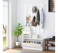 Set Mobili da Ingresso con Appendiabiti a 6 Ganci Scarpiera con Specchio Bianco