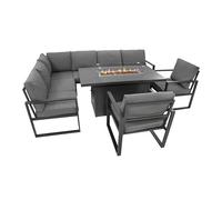 Set Mobili Giardino Alluminio Grigio Antracite 7 Posti Divano Angolare Modulare 2 Poltrone Cuscini Tavolo Pranzo con Fire Pit a Gas Copertura Impermeabile Lounge Patio Esterno