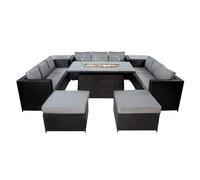 Set Mobili Giardino in Rattan 11 Posti Nero con 3 Divani Sgabelli Tavolo Firepit a Gas 2 Tavolini 8 Pezzi Esterno Protezione UV Cuscini Spessi Copertura Impermeabile