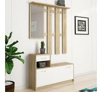 BAKAJI Set Mobili Ingresso Design Moderno con Scarpiera Panca Cassetto Specchio Rettangolare e Appendiabiti Attaccapanni 6 Ganci da Parete Casa Design Moderno in Legno (Rovere)